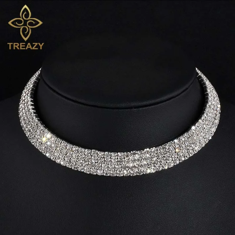 Treazy šumivé strieborné farby krištáľový golier retiazka Choker náhrdelník