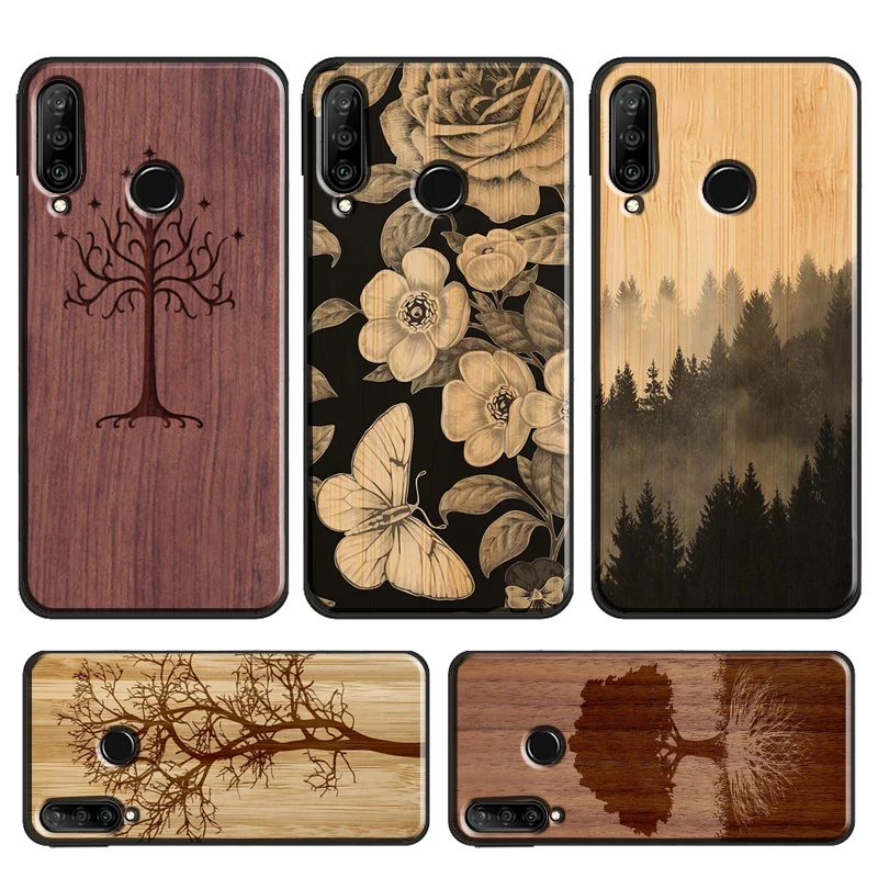 Tree Flower Bamboo Drevené puzdro pre Huawei P Smart 2019 Z P30 Lite P20 P20 Pro Mate 20 Lite Nova 5t Honor 50 10i 8x 9x