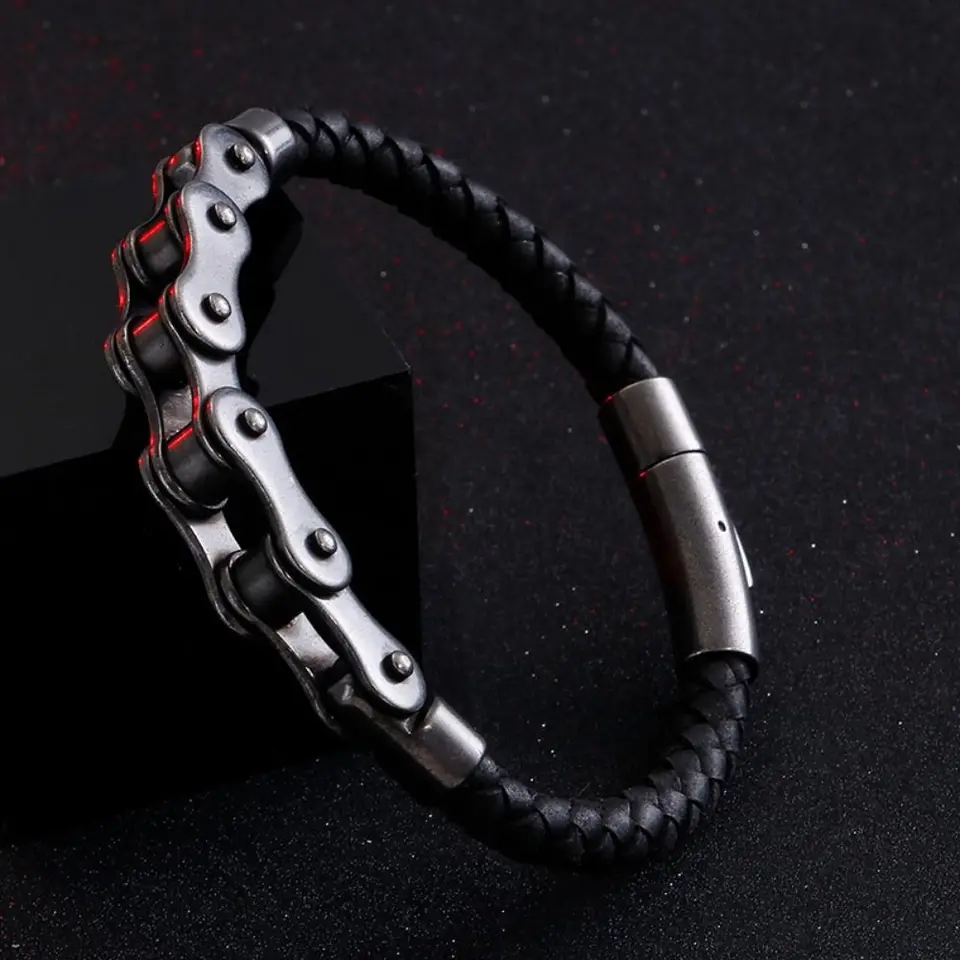Trend kovový reťaz motocyklovej reťaze retro punk kožené pletené lano náramok kreatívny dizajn osobnosť náramok bicyklov