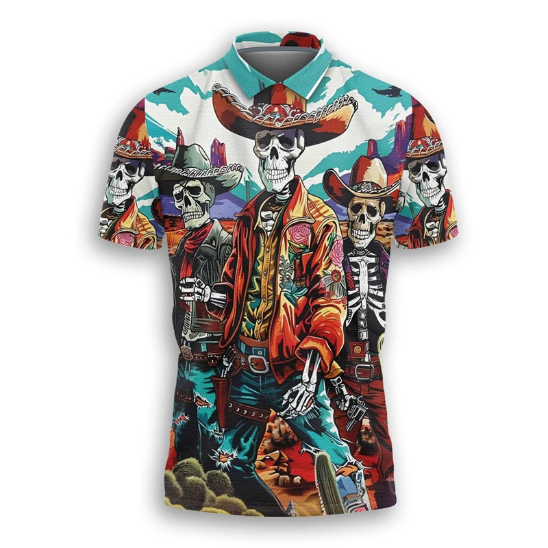 Trend lebka kovbojové grafické pólové košele pre mužov móda letné streetwear 3d tlačené tričko cool hip hop s krátkym rukávom tričko
