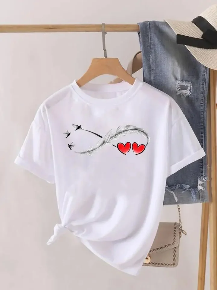 Trend Love Heart Feather Dámske módne oblečenie Grafické tričká oblečenia Tlač Ženskú košeľu s krátkym rukávom Lady Lady Casual Tee