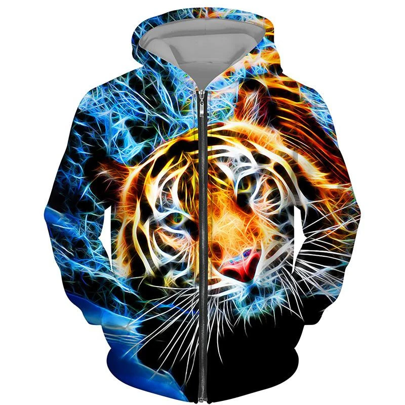 Trend tiger vzor zips UP Hoodies for Men Fashion Autumn s dlhým rukávom 3D Zvieratá tlačené pulvovery voľné streetwear cool kapucňa