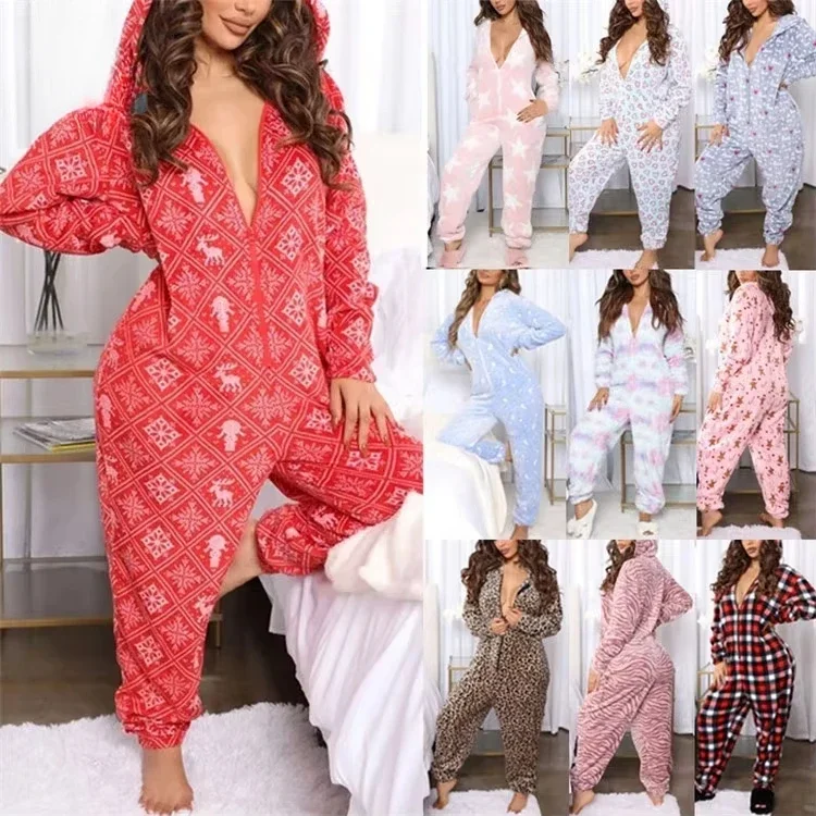 Trend vianočné pyžamá flanel Zhustený jednodielny pyžamský kombinézy leopard zimné vianočné kapucňové dámske dámske kombinézy