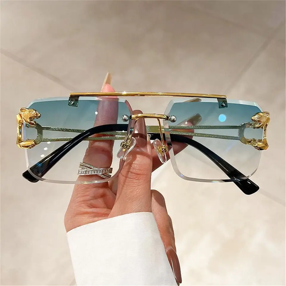 Trendový dvojitý most Rimless Slnečné okuliare Kovové UV400 Gepard Decor Sun Gula