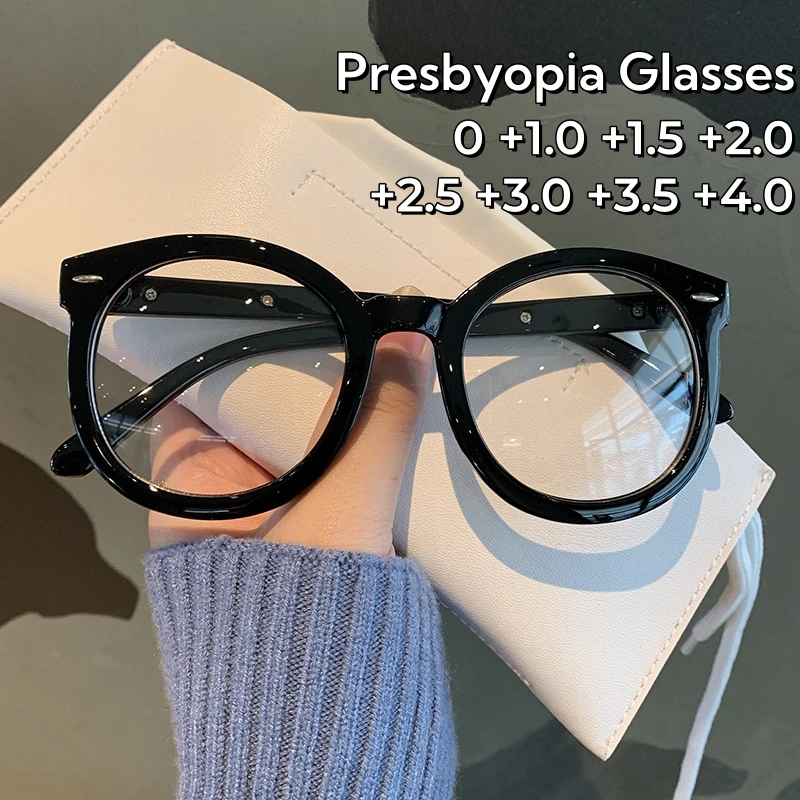 Trendový veľký rám Čierne Čítanie okuliare Vintage okrúhly rám okuliare Blue Light Blokovanie ochrany očí Presbyopia okuliare Presbyopia