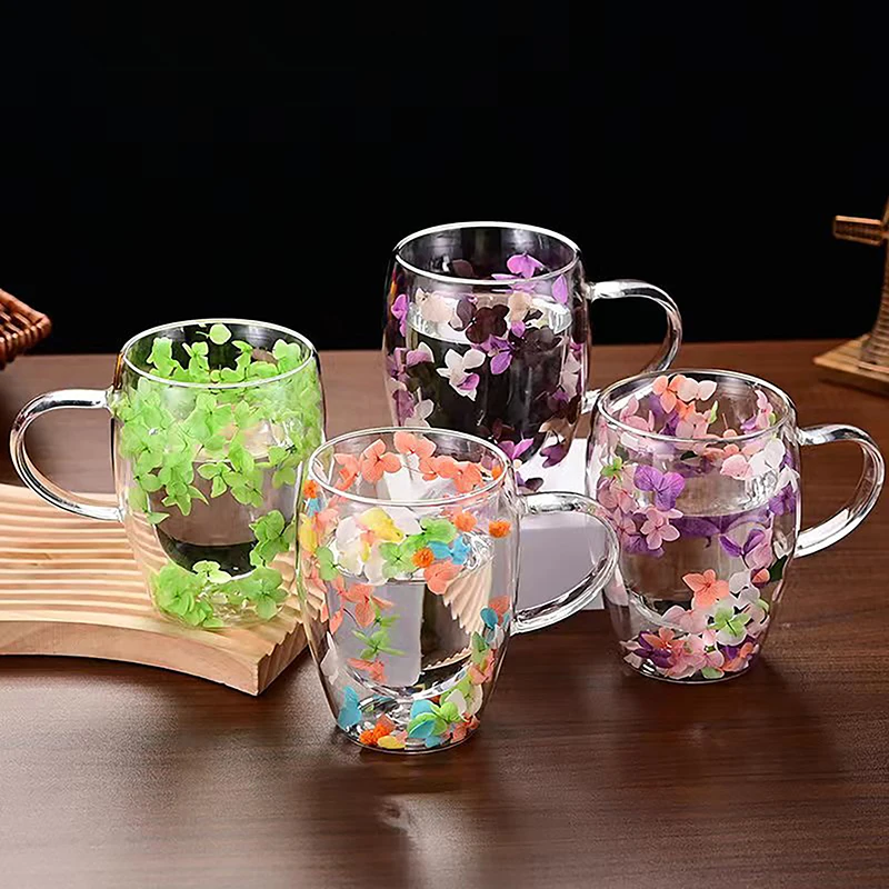 Trendy 1pc Ins Trends High Borosilikát Glass Tea Káva Káza Kvetinové suché kvety šálka jednoduchý tepelne odolný voči dvojitým sklom šálka