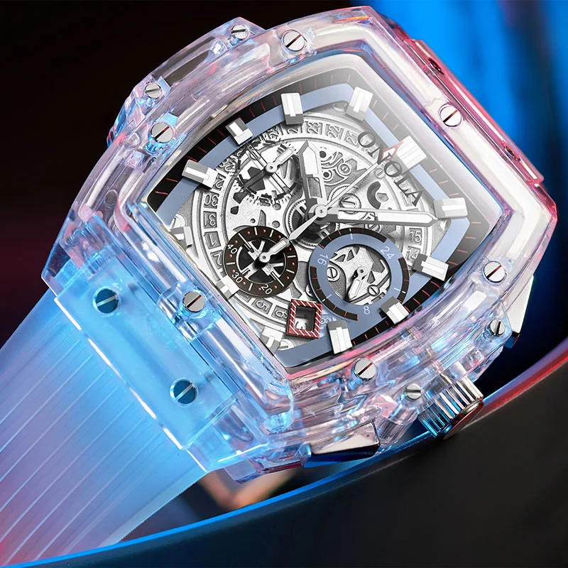 Trendy akrylové kremeň hodinky Men tonneau Big Face Transparentné puzdro Šport Man náramky mladý štýl vodotesné chronografické hodiny