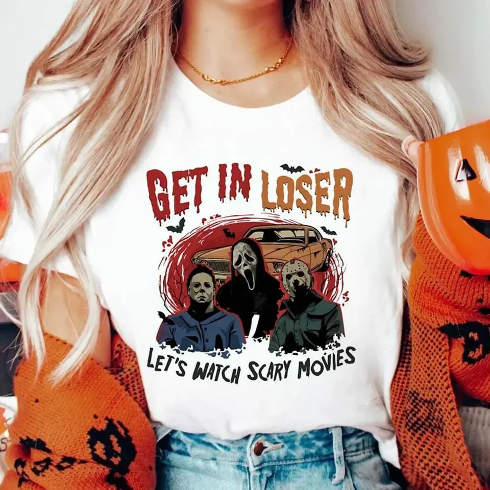 Trendy Cartoon Pattern Get In In to Loser nechaj pozerať strašidelné filmy Dámske letné letné letné letné Top Halloween zábavné tričko s krátkym rukávom.
