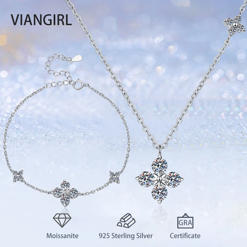 Trendy Clover Moissanit Fine Jewelry Sets S925 Sterling Silver D Farebné laboratórium Vytvorené náhrdelníky náramkov Diamond Pre ženy