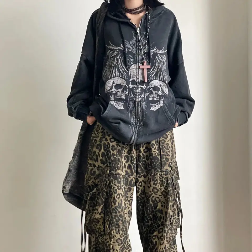 Trendy Ins American Gothic Style Teplá zahustená mikina jesenná zimná zimná dámska retro lebka dizajn