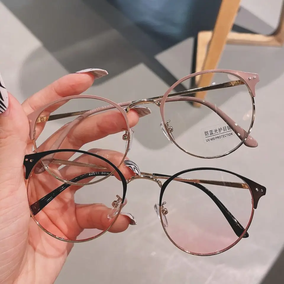 Trendy okrúhle nadmerné nadmerné okuliare proti modrým svetlom Ženy Men Men Men Kovový polovičný ráme