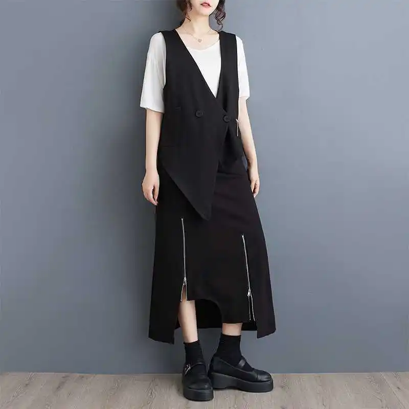 Trendy plus veľkosť dvojdielnej súpravy s asymetrickou lemovou vestou a zdobenou sukňou na zips