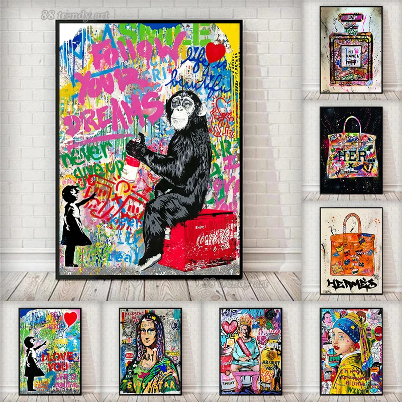 Trendy pouličné umelecké plagáty opice Anglicko kráľovná Mona Lisa Parfum luxusné tašky plátno maľba banksy umelecké diela
