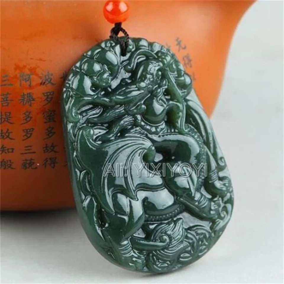 Trendy Prírodná tmavo zelená hetian jade vyrezávaná čínsky kylin drak amulet šťastný jade prívesok Náhrdelník kúzlo jemné šperky
