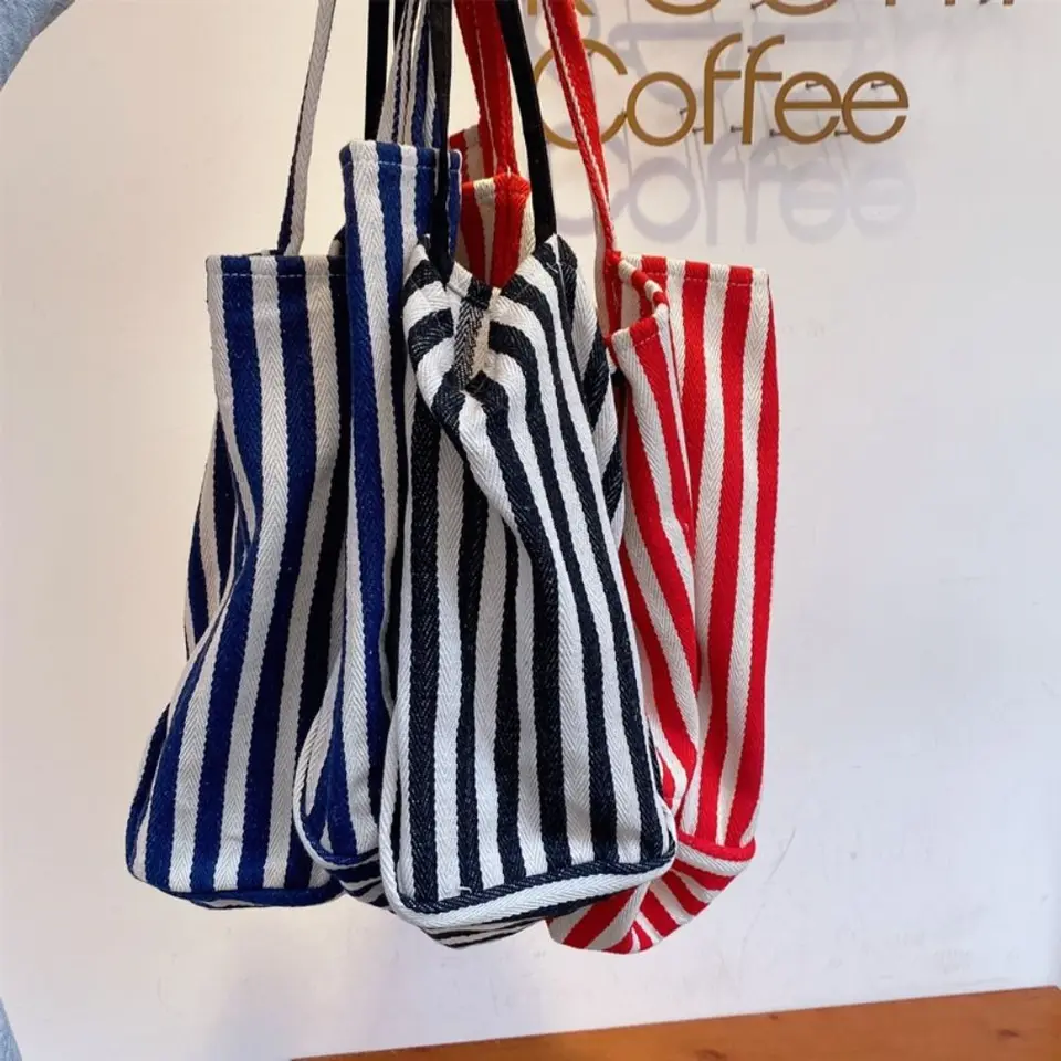 Trendy retro veľkú kapacitnú tašku s pruhom tote dochádzanie plátno vrecko na ramene Denná kabelka nákupná taška dievčatá dievčatá