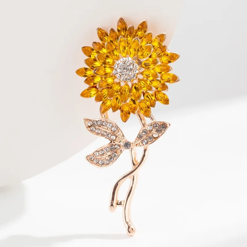 Trendy slnečnicová zliatina zliatiny zirkónia brošne pre ženy dievčatá zlatá farba kvetina kov Crystal Jewelry Party Daily