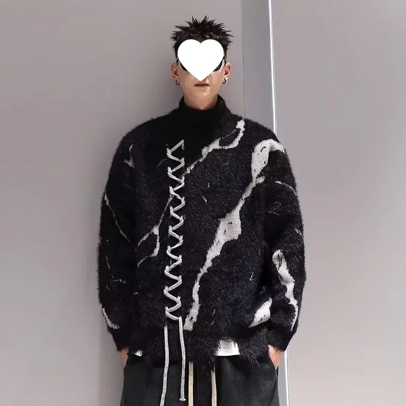 Trendy Teenage American Style High Street Čierne pletené pólo/korytnací sveter V-krk dizajn rozdelený matný povrch chladný vrch