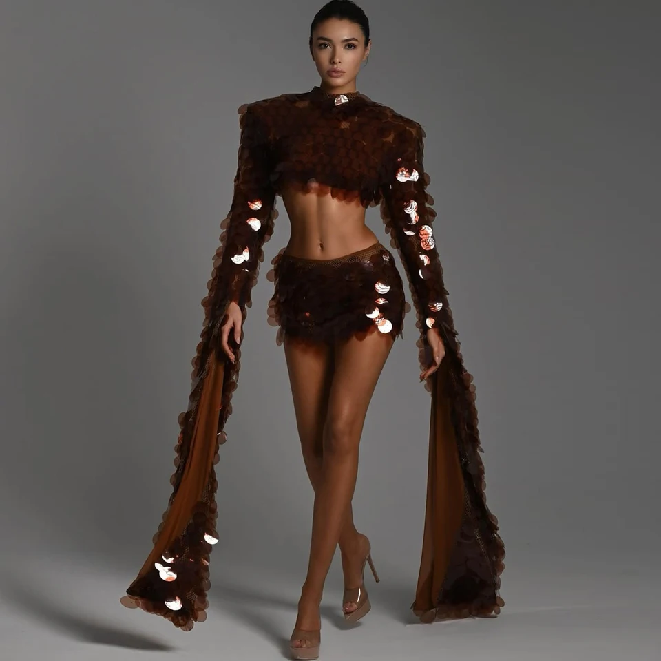 Trendy veľké flitre dva kusy šaty dlhé rukávy 2 kusy Prom Party šaty lesklé flitre čipky Coco Event Party Night Dress 202