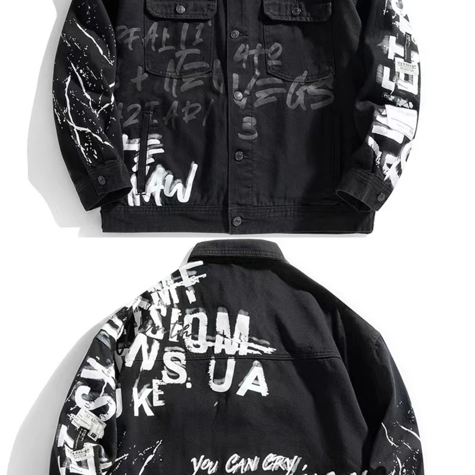 Trendy značka Vyšívaná európska ulica Loose Denim Jacket Men Čierne vinobranie Ripped Work tlač