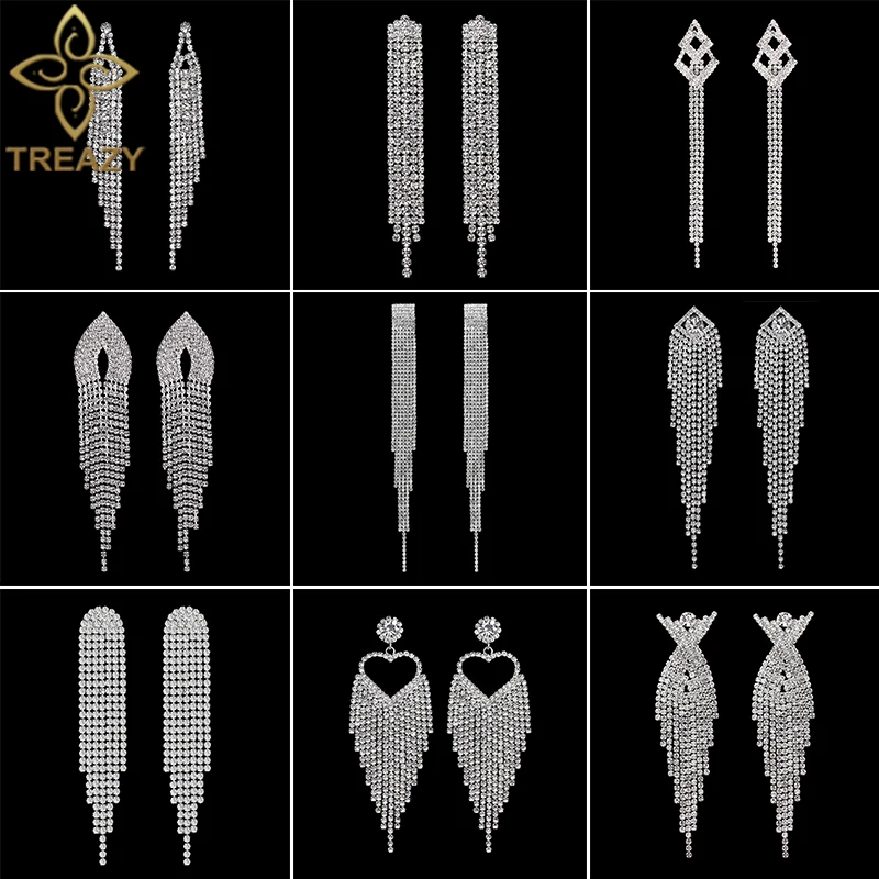 Trestné módy Dlhé druby Tassel Drop pre ženy strieborné farebné kamienok Crystal Crystal Hanging Dangle náušnice Svadobné svadobné šperky