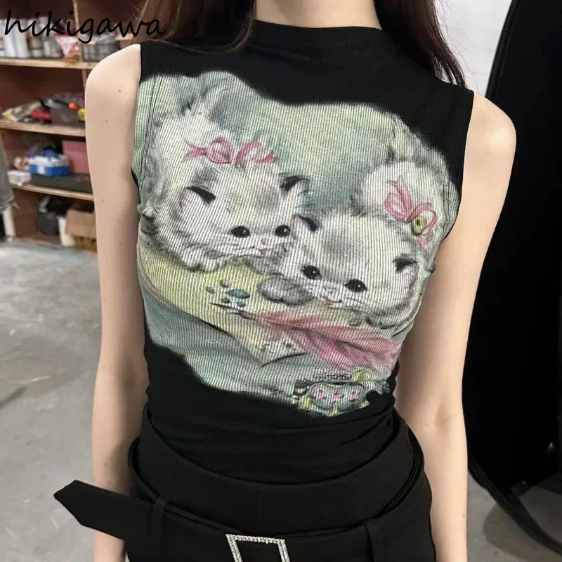 Trhnity letnej ženy 2023 Ropa Mujer Plodiny Tops Half High Collar bez rukávov Tuneska Cat Cat Tlač módneho nálezu Y2K T Tričko 7k741