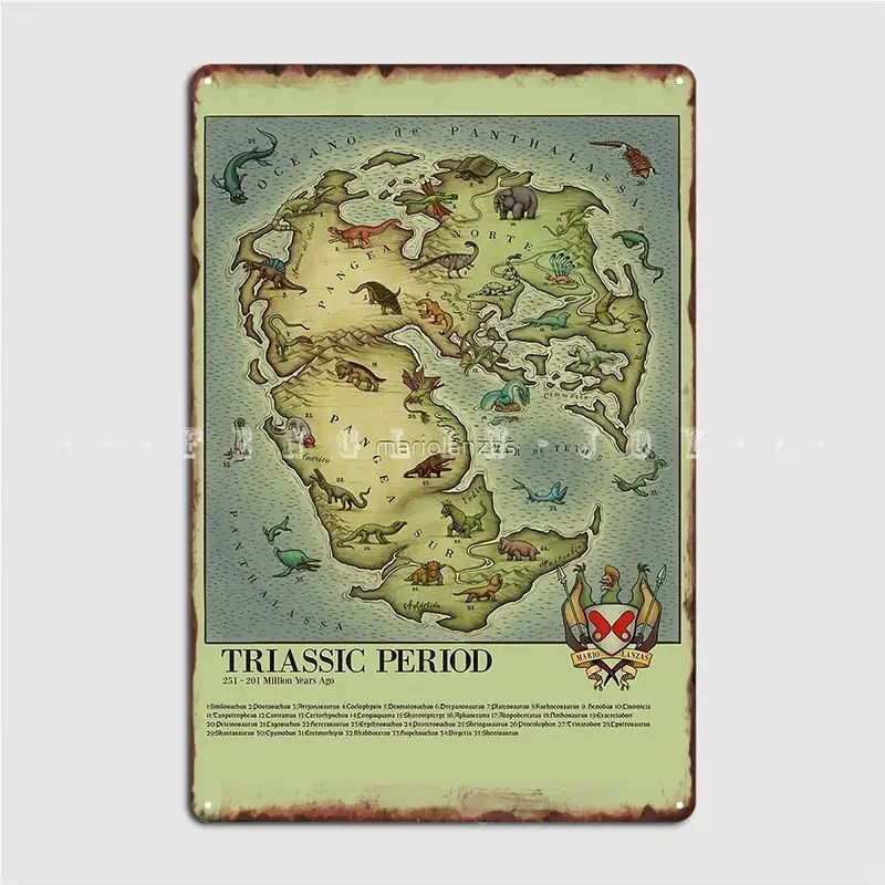 Triasová mapa obdobia Vintage Syle Medieval Bestiary Pangea MAP plagát kovový plaket bar