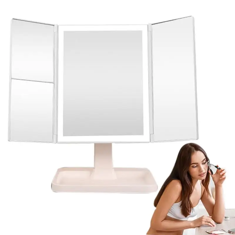 Trifold Vanity zrkadlá so svetlami Nabíjateľná dotyková obrazovka stmievanie LED make-up zrkadlá 3-cestné skladacie zrkadlá so zväčšením