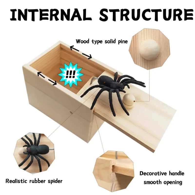 Trik Spider Funny Scare Box Drevená skrytá škatuľka Kvalita žart Drevená strach