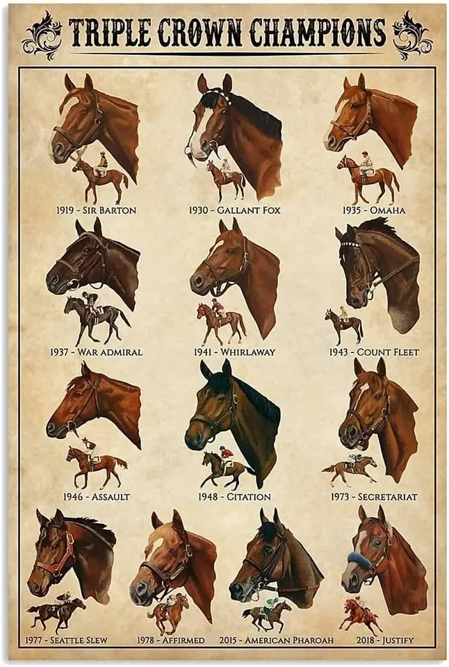 Triple Crown Champions Metal Signs Horse Racing Knowledge Plagát Vintage cínová značka Decor Decor for Farm Club Room Pleke