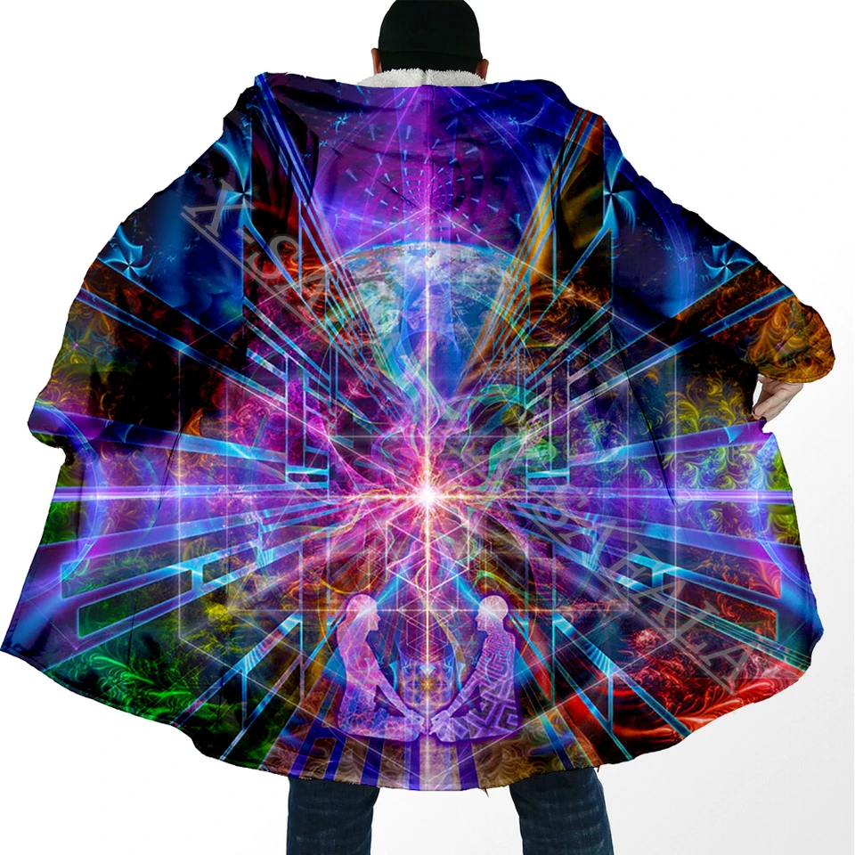 Trippy mandala psychedelické farebné umenie hrubé teplé kapucňu 3D tlačené plášť Muži kabáty s kabátom Windproof Fleece Cape Rout-1