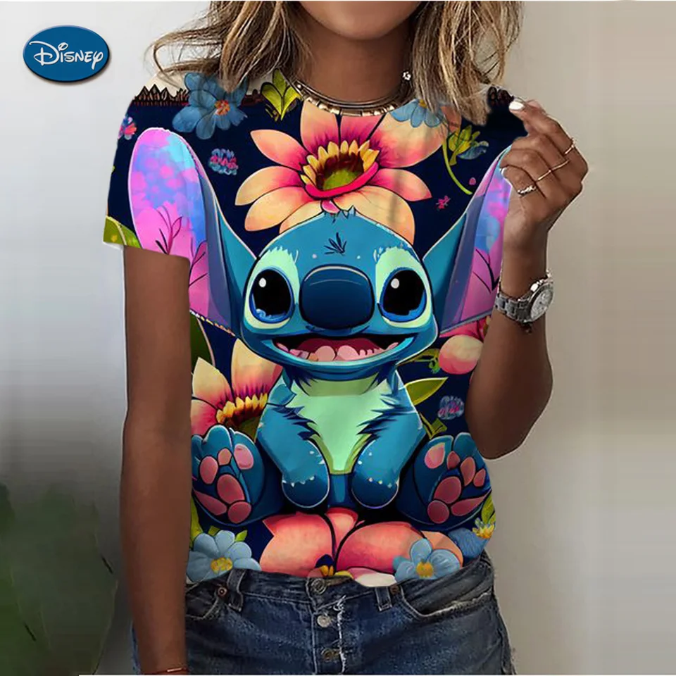 Tričko Disney-Women's Tlač, krátke rukávy, O-krk, príležitostné voľné top, nadrozmerné ženské streetwear, nové, leto, 2024