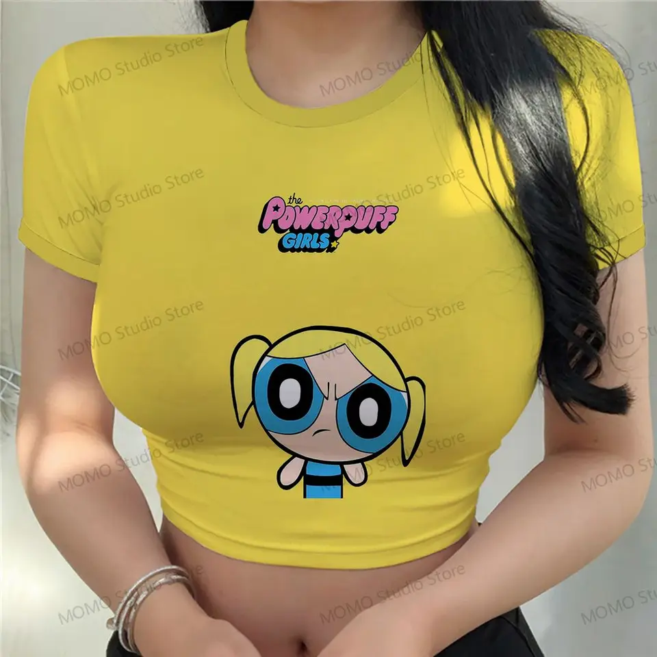 Tričko Dámske tričko The Powerpuff Girls Crop Top Clothing 2024 Y2K XS-3XL Ženské oblečenie Krátke rukávy Topy Leisure Kawaii roztomilé