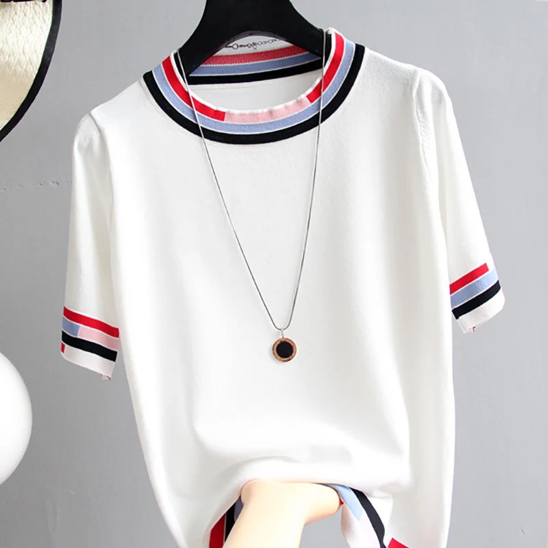 Tričko femme pletené tričko Dámske letné vrcholy Topy s krátkym rukávom Kórejský štýl dámske oblečenie camisetas de mujer para verano