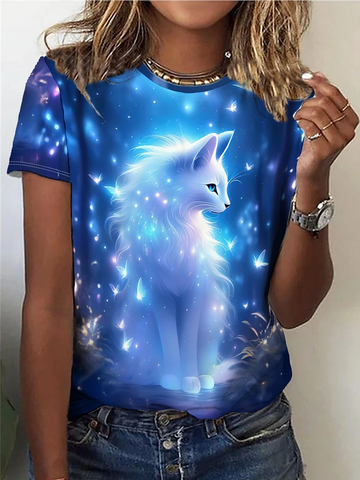 Tričko Fox Print Crew Crck, Tričko s krátkym rukávom pre jar a leto, dámske oblečenie