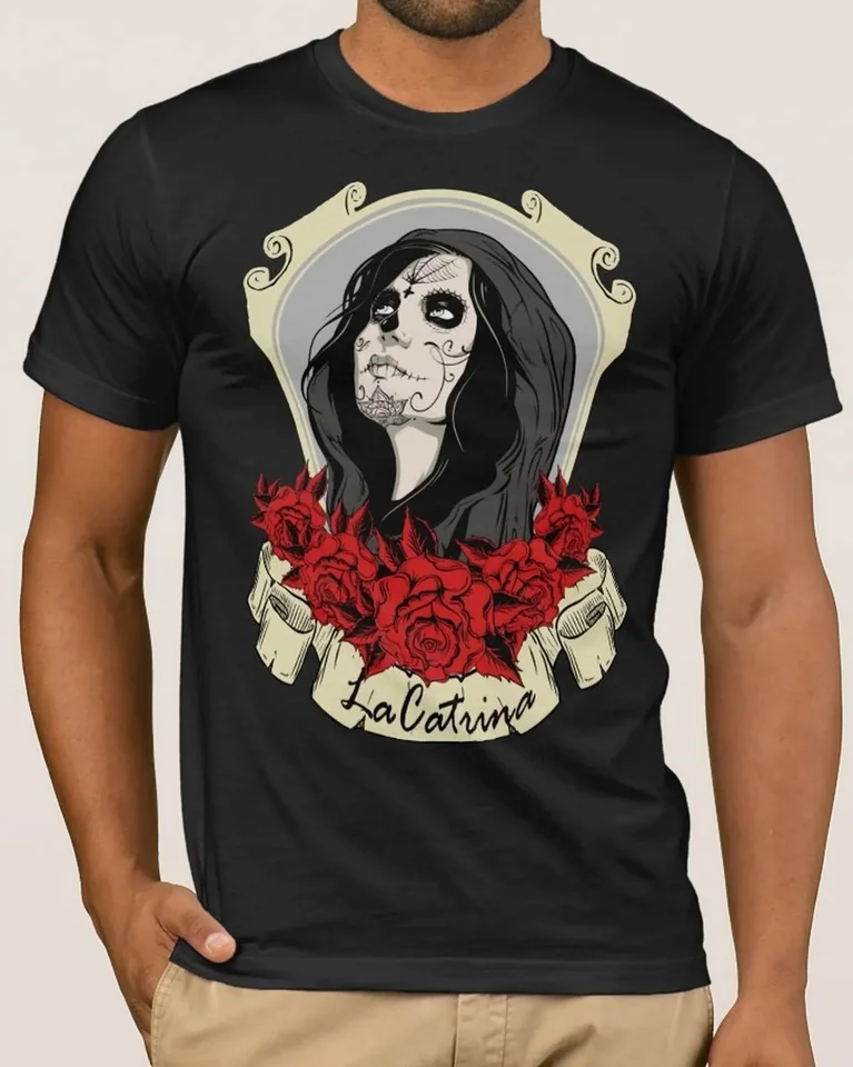 Tričko La Catrina La Calavera Santa Muerte Chicano cholo mexický 5xl 4xl 3xl xxl xl lms čierna biela šedá