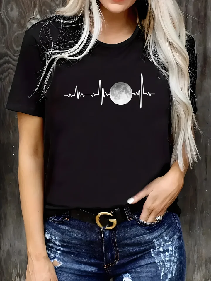 Tričko Moon Print Crew Neck, Tričko s krátkym rukávom na jar a leto, dámske oblečenie
