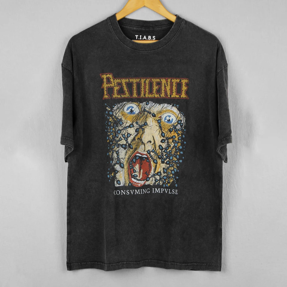 Tričko Pestilencie Consuming Impulse Death Metal Morbid Anjel premytý voľný drop rameno retro bavlnené tričko tričko