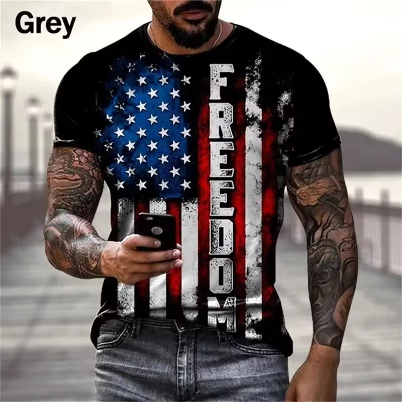 Tričko pre mužov 3D tlačené USA Vlajka Grafika 0-Neck Loose krátky rukáv Pullover Tops Tops Casy Loose Triks Nadmerné oblečenie