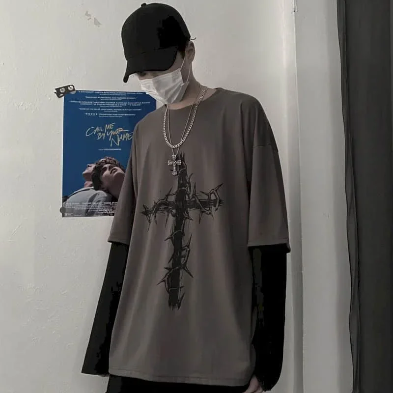 Tričko pre mužov y2k vinobranie tričko s dlhým rukávom Men oblečenie jesenný krížový potlač nadmerné tričko Harajuku Streetwear Men Top Top Top