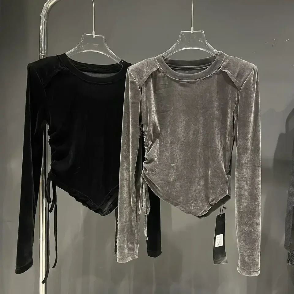Tričko s dlhým rukávom pre ženy jar a jesenný dizajn zmysel Niche Slim-Fit Gold Velvet Side Straná šnúrka Krátke najlepšie ženy