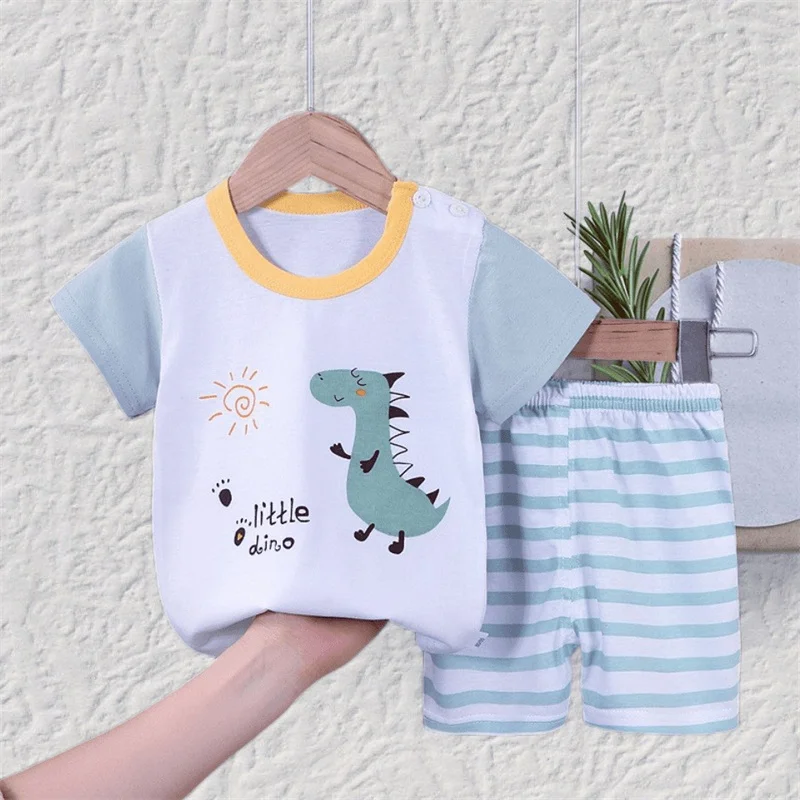 Tričko+šortky 2-dielne oblečenie pyžamy letné deti Dievčatá Dievčatá bavlna Casy Tracksuit Cartoon Dinosaur oblečenie