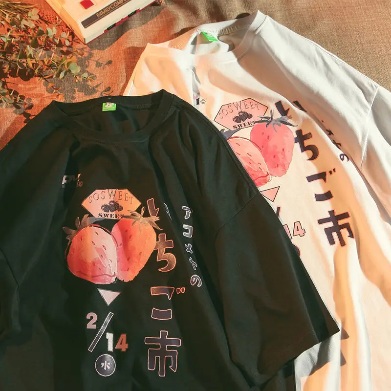 Tričko Ženy 2022 Harajuku bf lenivá abeceda Strawberry Print O-krk s krátkym rukávom s krátkym rukávom Y2K Top leto kawaii oblečenie košele