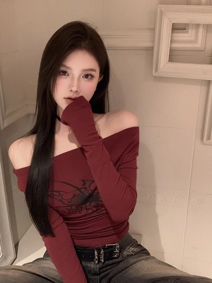 Tričko Ženy s dlhým rukávom z ramena y2k vintage tops tops Streetwear Kórejský štýl plodiny vrcholy jeseň