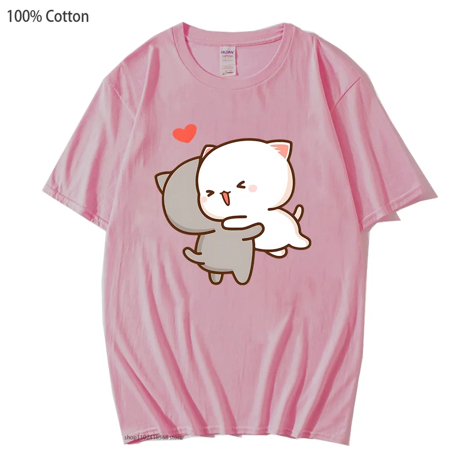 Tričká broskyňa a Goma Mochi Cat Love Women Kawaii Cartoon Tshirt pre dievčatá Príležitostné krátke rukávy 100% bavlnené módne muži topy