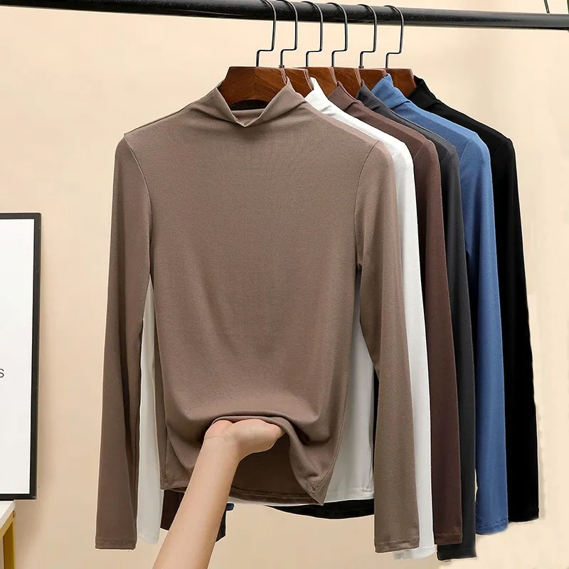 Tričká vynikajúca kvalita Spring/leto s dlhým rukávom Turtleneck Solid Color Módne predaj Dámy Tops Dropshippping YwefH898