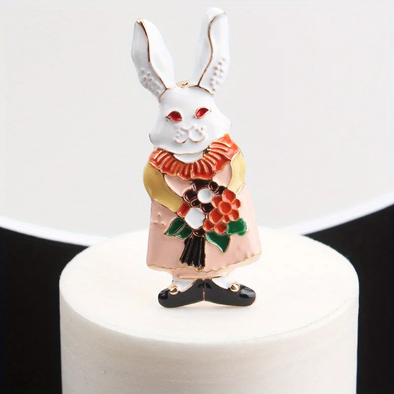 Trojrozmerná karikatúra roztomilá Alice v ríši divov s brošňou Bunny, ktorá drží kvety