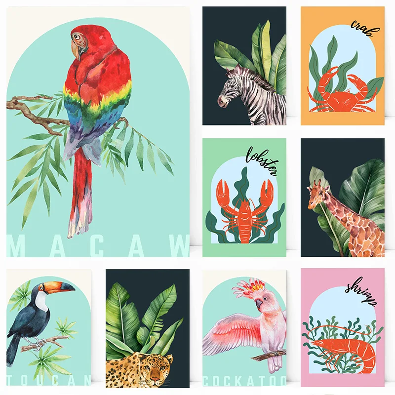 Tropical Cockatoo vták krabie žirafa leopard zebra poster tlač stena umelecké obrázky plátno maľba izba