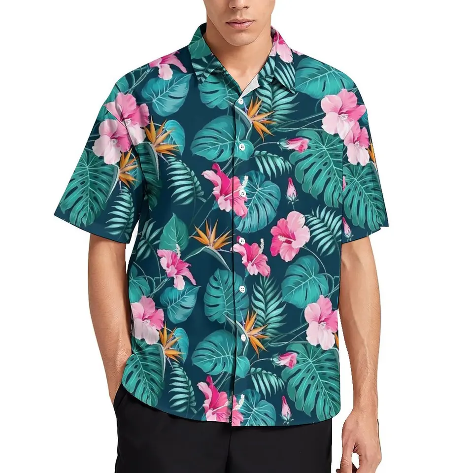 Tropical Flower Beach košeľa ružová kvetinová tlač havaj neformálne košele Men Klasické blúzky s krátkym rukávom Kórejské módne topy