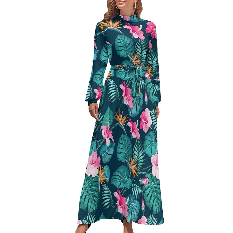 Tropické kvetinové šaty ružové kvetinové tlač elegantné maxi šaty kórejské móda boho pláž dlhé šaty s vysokým pásom grafické oblečenie