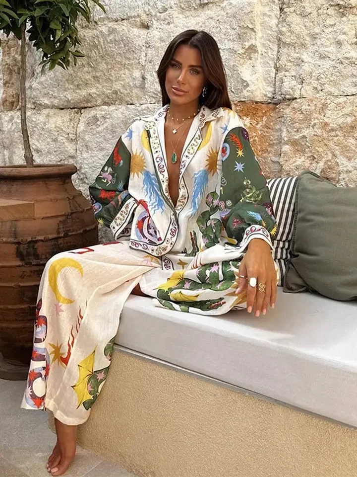 Tropický štýl Vytlačené voľné nohavice obleky Ženy elegantné klopne košele s dlhým rukávom Farebné nohavice súpravy ženské neformálne plážové oblečenie